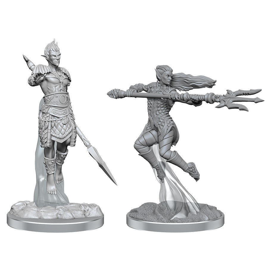 Dungeons & Dragons: Nolzur's Marvelous Minis: Sea Elf Fighters - Two unpainted gray resin miniatures of sea elf fighters, one standing with a spear and the other mid-leap wielding a trident.