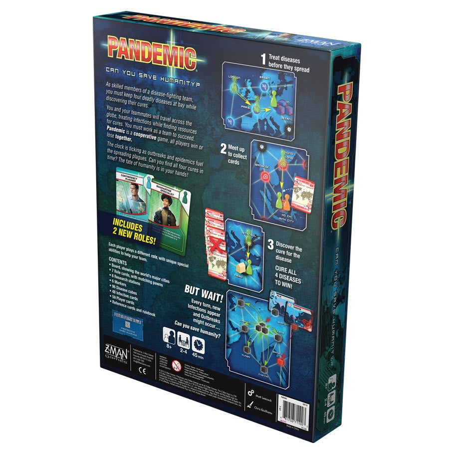 Pandemic - Pandemic board game box back showing game overview, player roles, and world map graphics.