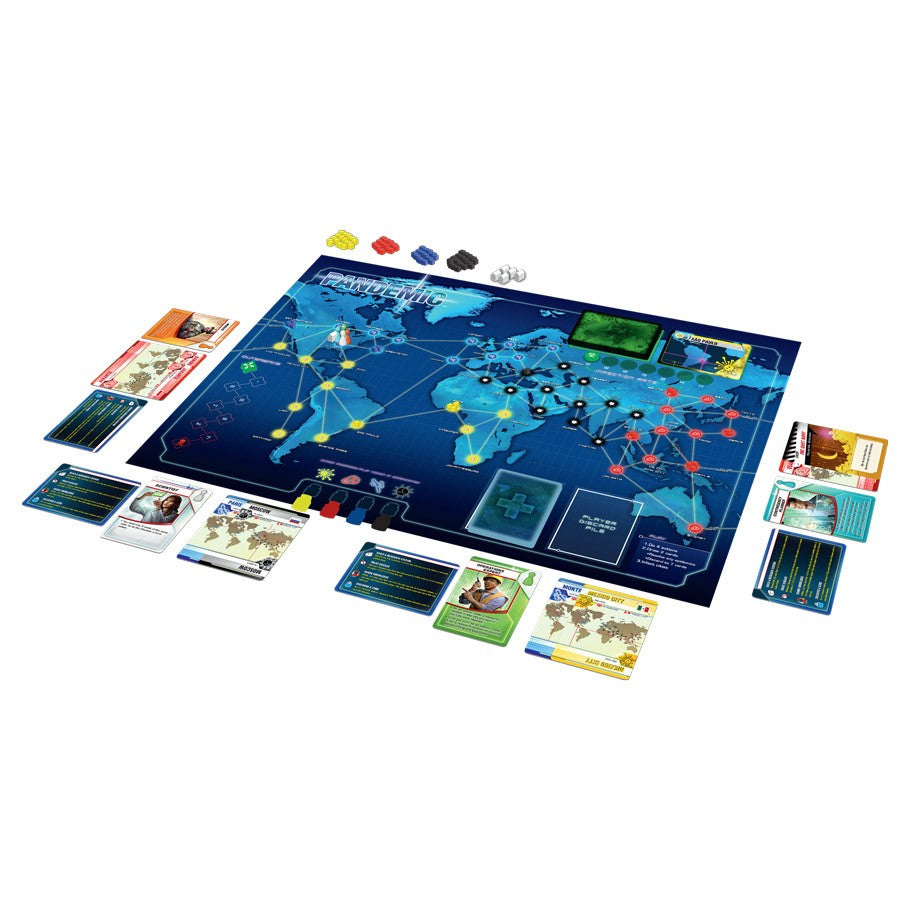 Pandemic - Pandemic board game with world map, city connections, colored disease cubes, player cards, and role cards arranged around.