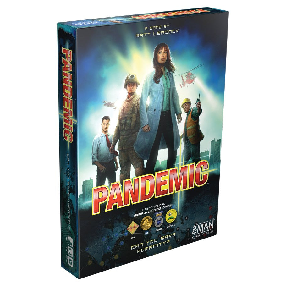 Pandemic - Pandemic board game box featuring four diverse characters in heroic poses with city skyline background and bold red title.