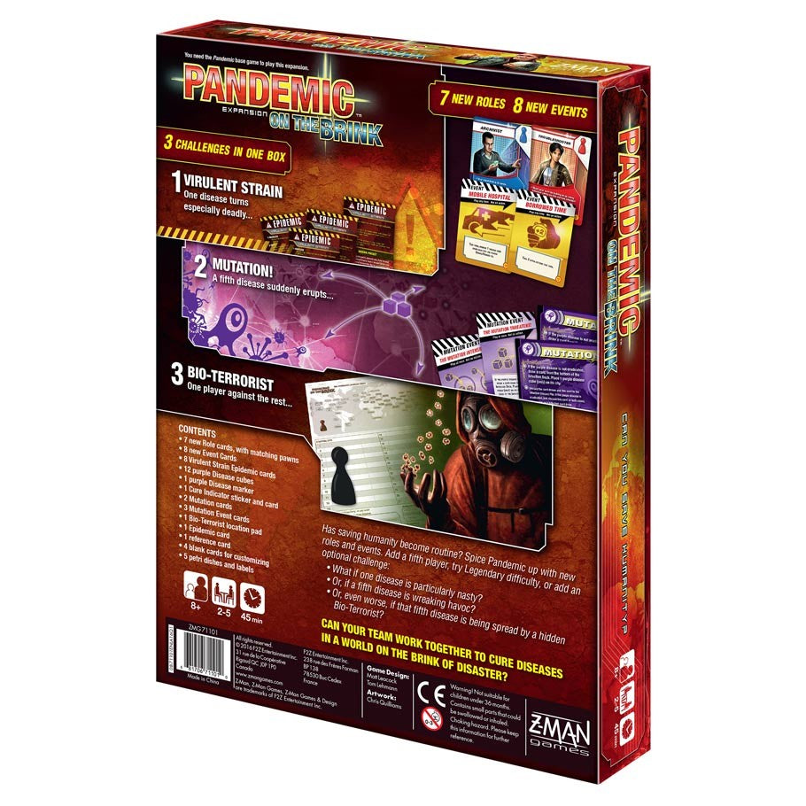 Pandemic: On the Brink - On the Brink board game expansion box with colorful graphics and game component images on back.