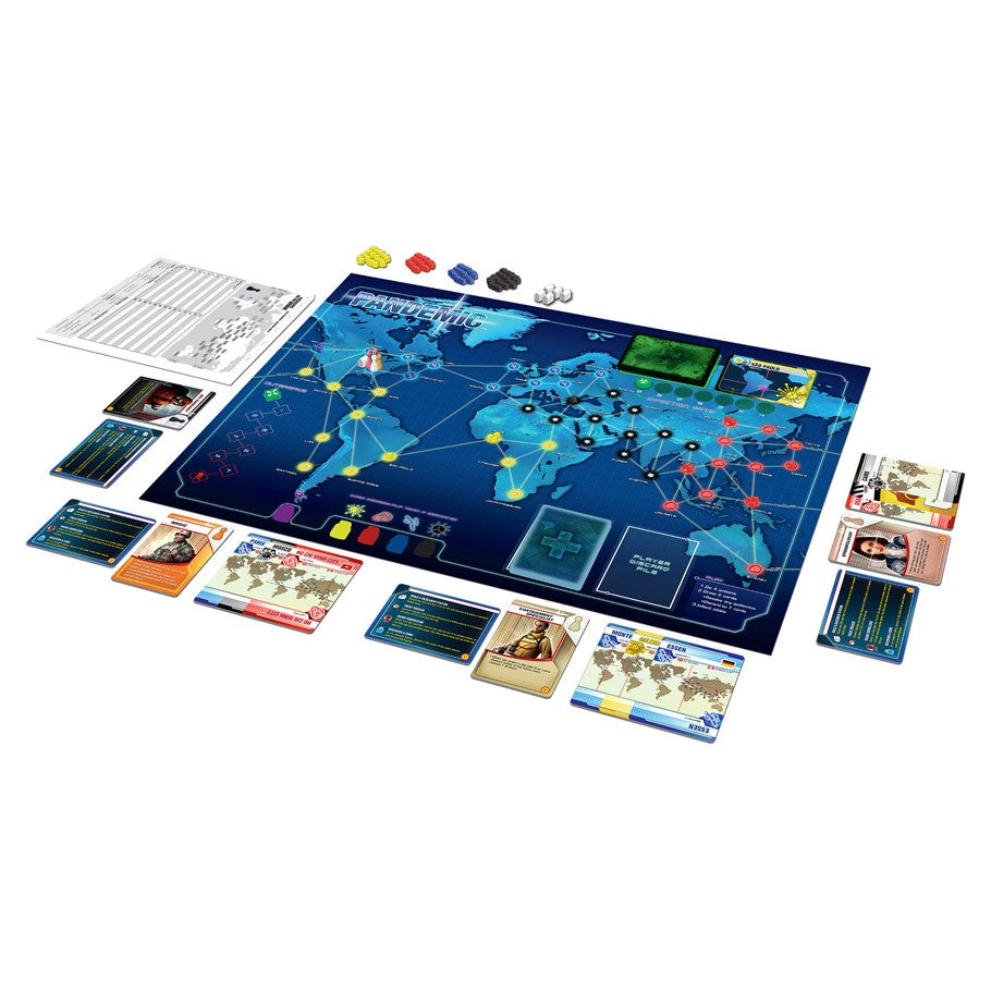 Pandemic: On the Brink - On the Brink board game with a dark blue world map, colorful player pieces, cards, and rule sheets arranged around the board.