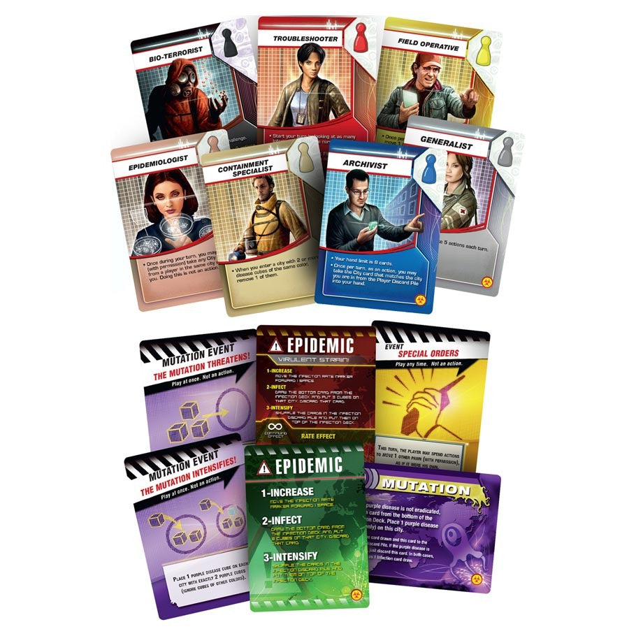 Pandemic: On the Brink - On the Brink game cards with colorful character and event cards featuring illustrations and text arranged in a fan shape.