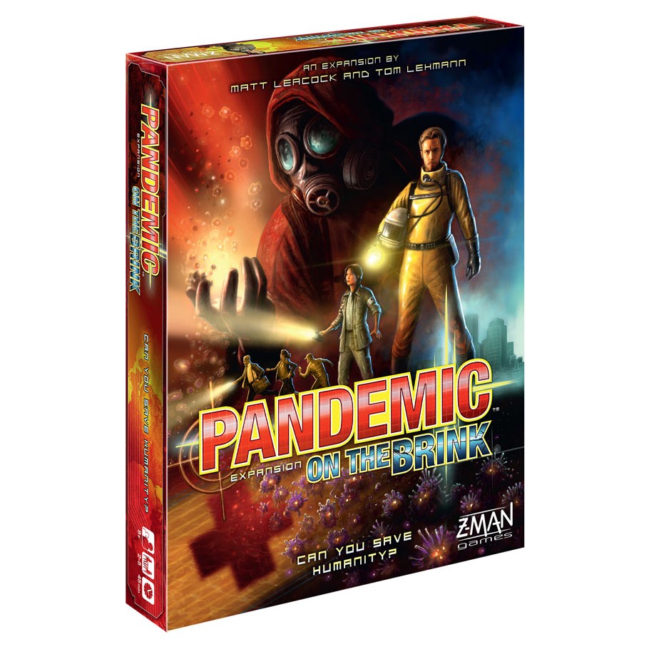 Pandemic: On the Brink - On the Brink board game box with red and orange tones, figures in hazmat suits and gas masks on cover.
