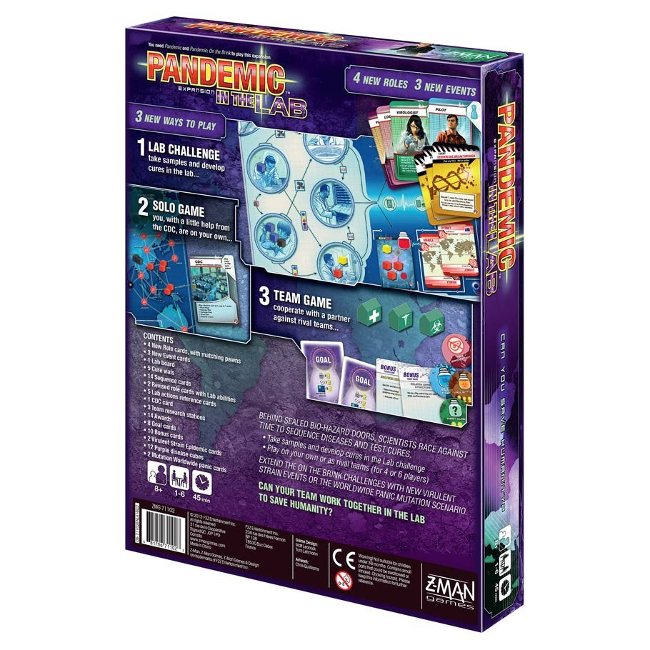 Pandemic: In the Lab - In the Lab board game expansion box with colorful scientific and laboratory-themed graphics.