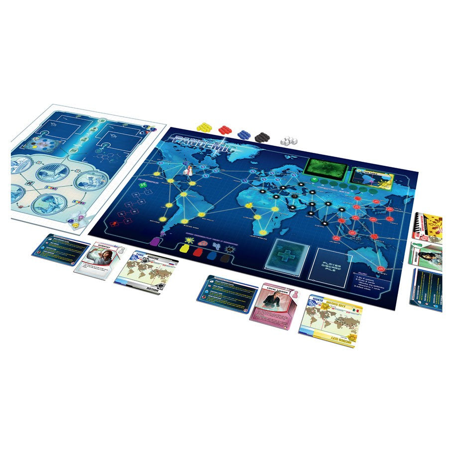 Pandemic: In the Lab - Board game setup featuring a detailed blue world map, colored player pieces, diverse cards, and tokens arranged for play on.