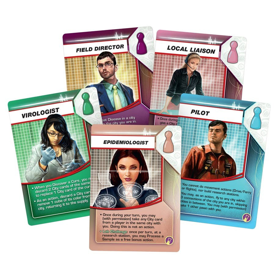 Pandemic: In the Lab - In the Lab expansion, featuring diverse portraits with role titles and abilities on a white background.