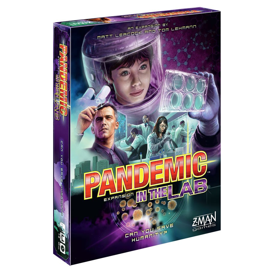 Pandemic: In the Lab - In the Lab board game box with scientist in protective gear and viruses background in purple and green tones.