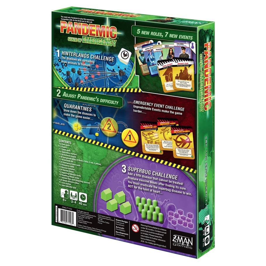 Pandemic: State of Emergency - State of Emergency expansion box back with challenge descriptions and game pieces illustrations in green and purple tones.