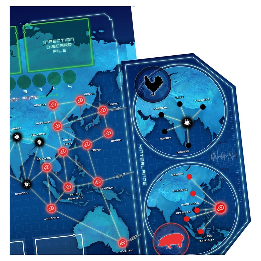 Pandemic: State of Emergency - Board game expansion card and map section with blue background, red and white network connection points, and stylized black.