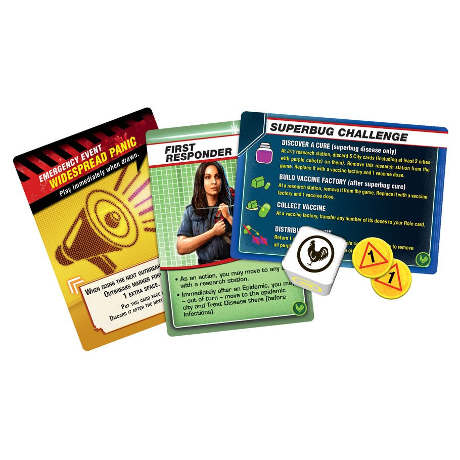 Pandemic: State of Emergency - Colorful game cards with text and icons, including a red "Undergrad Panic" card, a green "First Responder" card with a woman