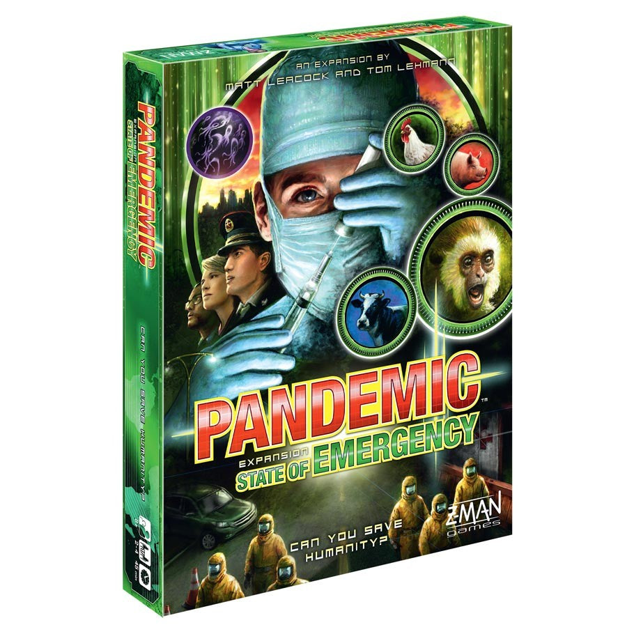 Pandemic: State of Emergency - State of Emergency board game box with medical and character artwork in green tones.