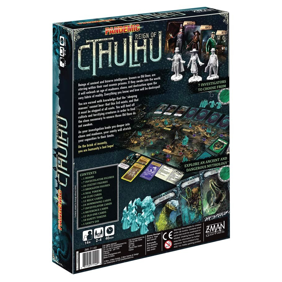 Pandemic: Reign of Cthulu - Reign of Cthulhu board game box showing dark, eerie artwork with Cthulhu figures and game components.