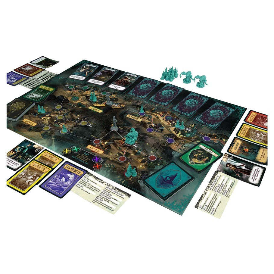 Pandemic: Reign of Cthulu - Board game setup with dark, eerie map, teal plastic figures, character and event cards, and thematic tokens arranged around.