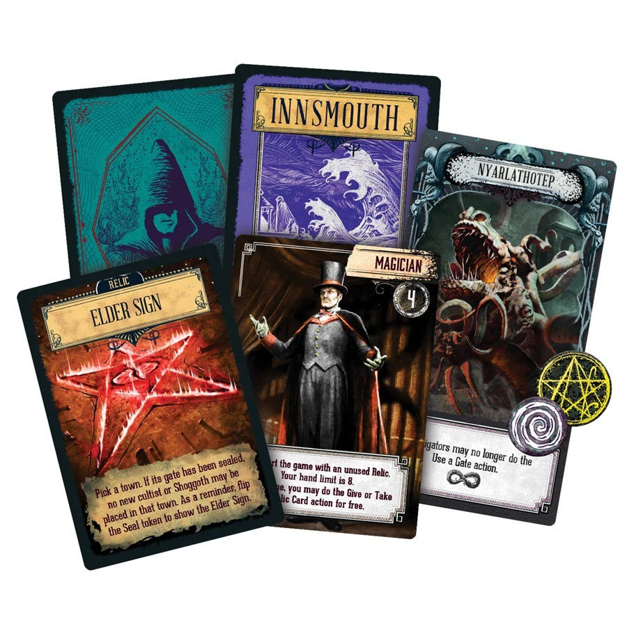 Pandemic: Reign of Cthulu - Reign of Cthulhu game cards with dark, eerie artwork and thematic symbols.