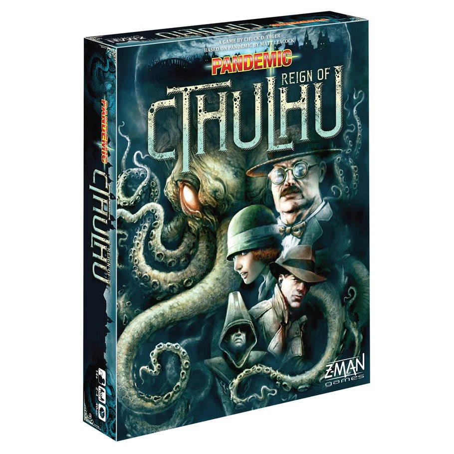 Pandemic: Reign of Cthulu - Pandemic Reign of Cthulhu board game box with oceanic horror art and characters in vintage attire.