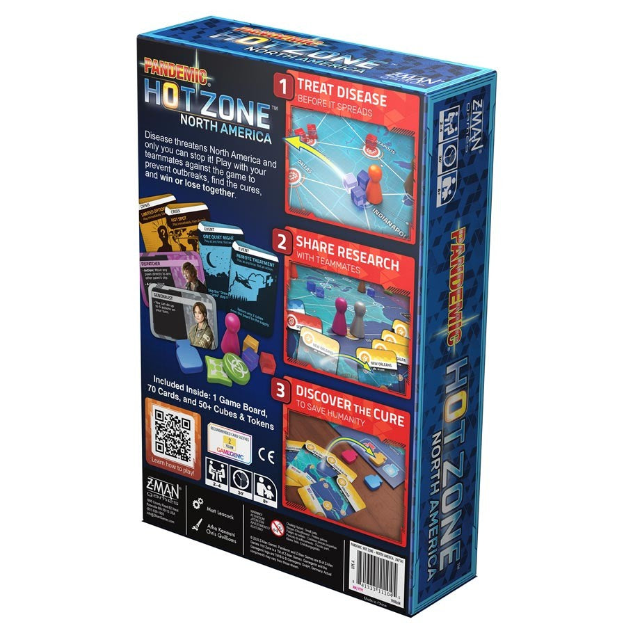 Pandemic Hot Zone: North America - Pandemic Hot Zone North America board game box showing game pieces and step-by-step cure process on back.