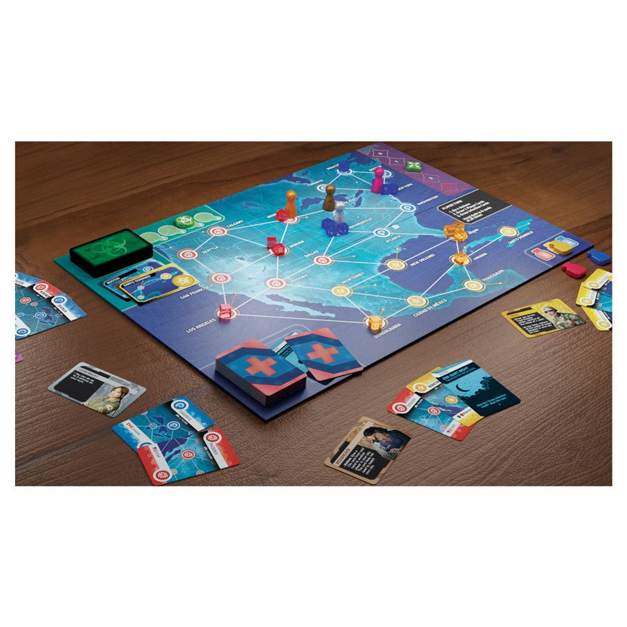 Pandemic Hot Zone: North America - Board game with a blue map of North America, colorful player pieces, red infection cubes, and cards spread out on a wooden.