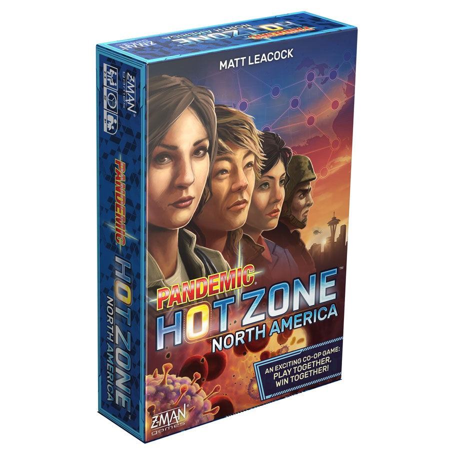 Pandemic Hot Zone: North America - Pandemic Hot Zone North America board game box with four illustrated characters and virus graphics.