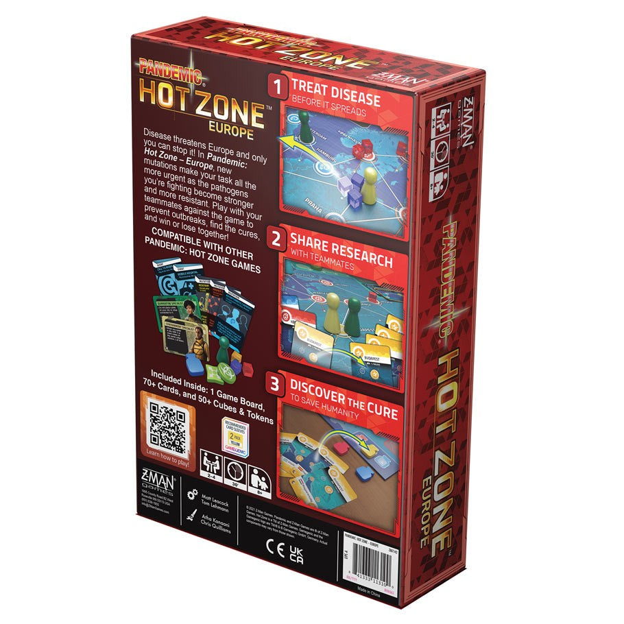 Pandemic: Hot Zone: Europe - Pandemic Hot Zone Europe board game box showing game overview and steps to play against a red background.