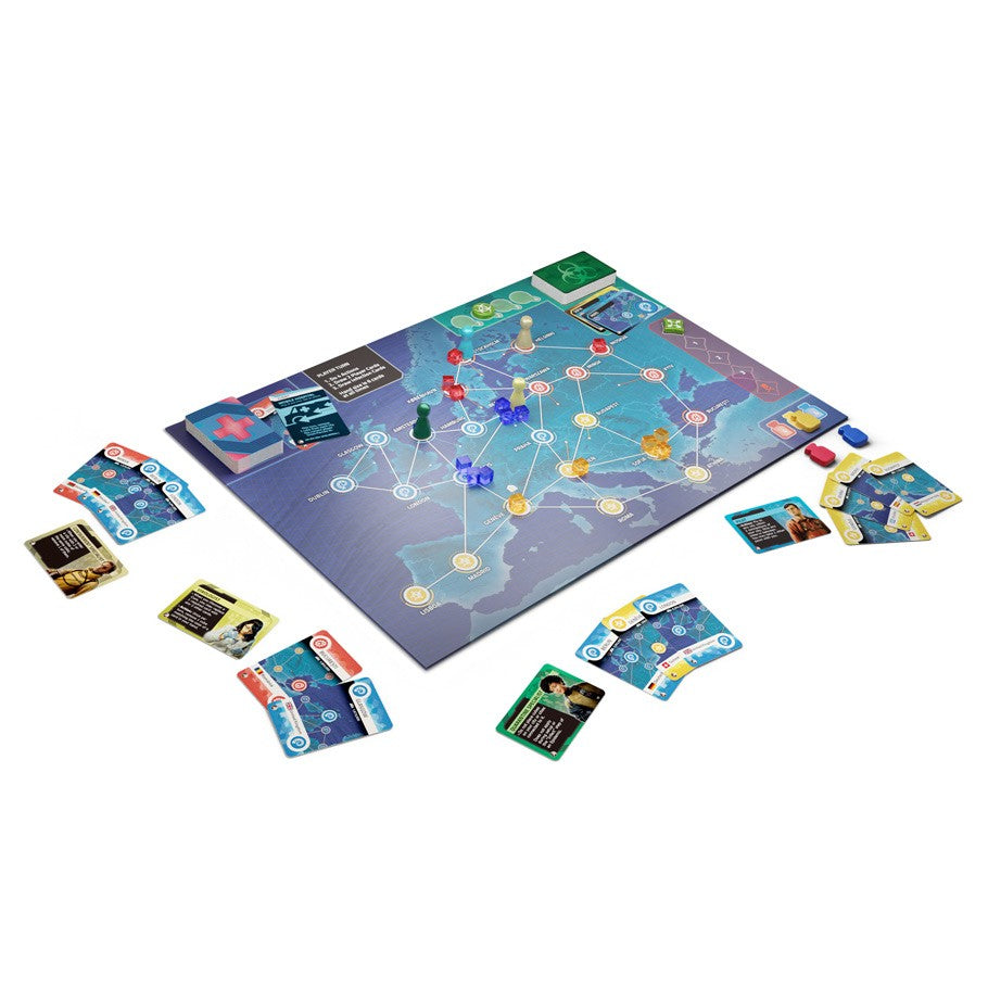 Pandemic: Hot Zone: Europe - Board game set with a detailed map of Europe, colorful player tokens, cards, and game pieces arranged for play.