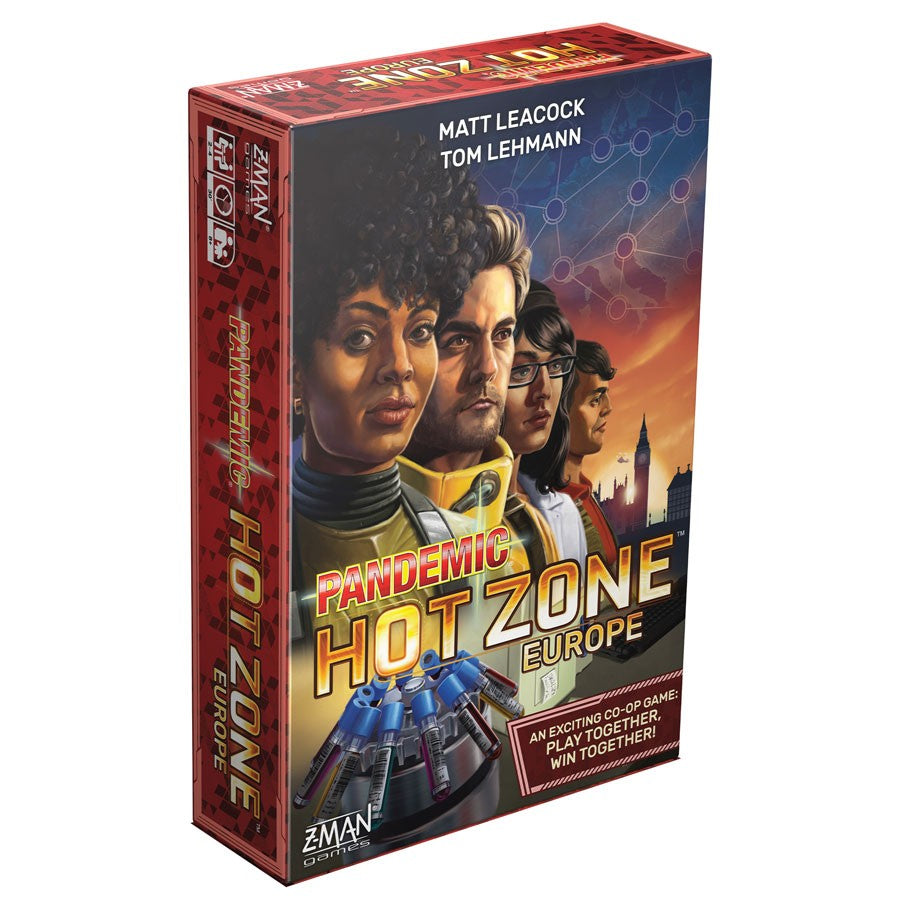 Pandemic: Hot Zone: Europe - Hot Zone Europe board game box with four diverse characters and European cityscape against a sunset background.