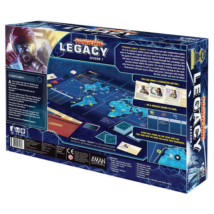 Pandemic: Legacy Season 1 (Blue Edition) - Pandemic Legacy Season 1 Blue Edition board game box showing world map and game setup on back panel.