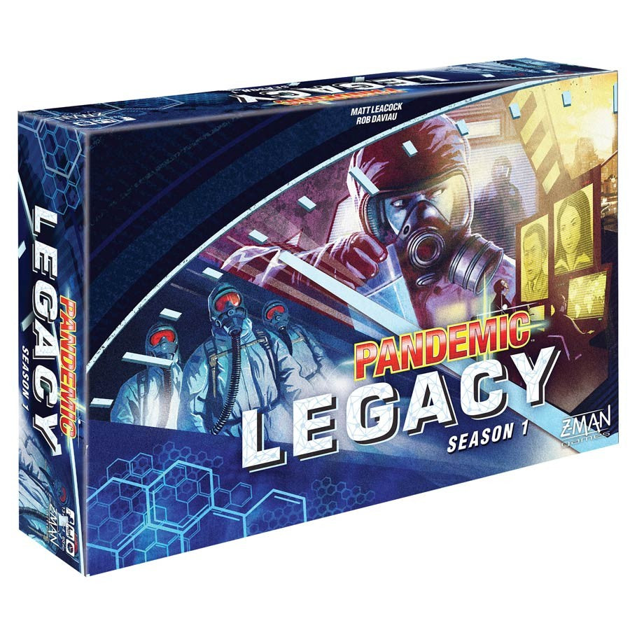 Pandemic: Legacy Season 1 (Blue Edition) - Pandemic Legacy Season 1 Blue Edition board game box with sci-fi medical artwork and hexagonal pattern background.