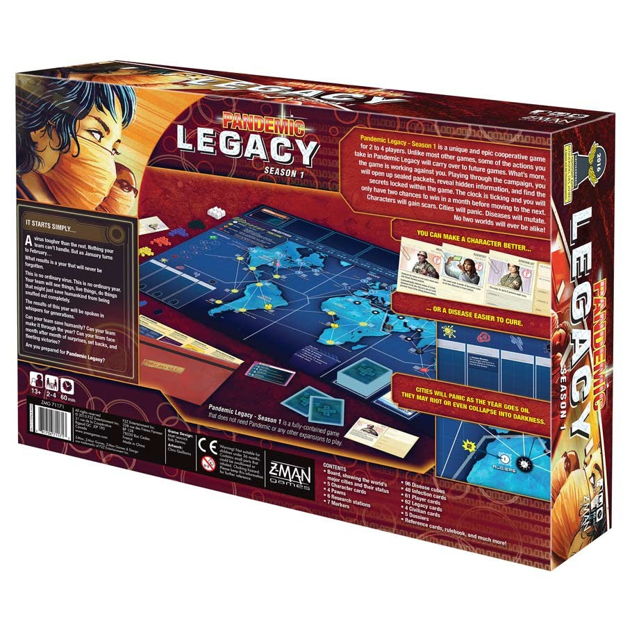 Pandemic: Legacy Season 1 (Red Edition) - Pandemic Legacy Season 1 Red Edition board game box showing world map and game components with red and dark orange design.