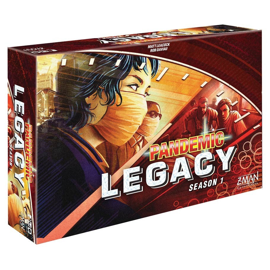Pandemic: Legacy Season 1 (Red Edition) - Pandemic Legacy Season 1 Red Edition board game box featuring masked characters and intense red tones.