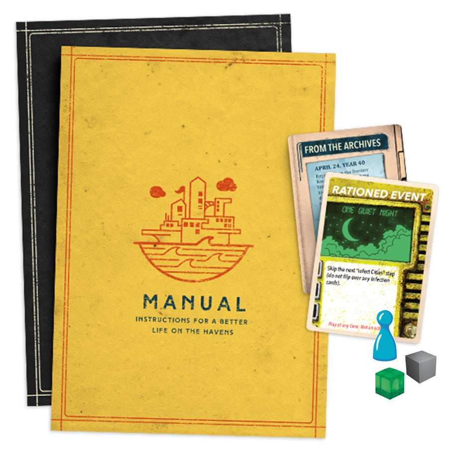 Pandemic: Legacy Season 2 (Black Ed) - Yellow manual book with red text and cityscape graphic, alongside two colorful game cards, a green cube, and a blue pawn.