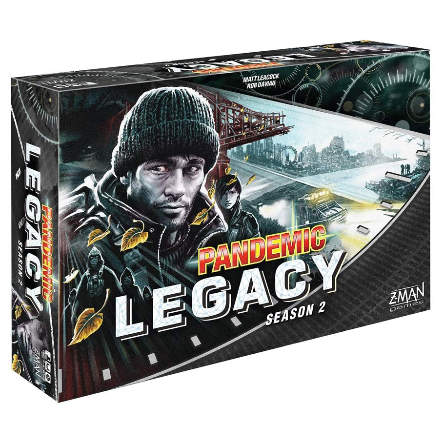 Pandemic: Legacy Season 2 (Black Ed) - Pandemic Legacy Season 2 board game box with moody urban artwork and bold yellow and white title text.