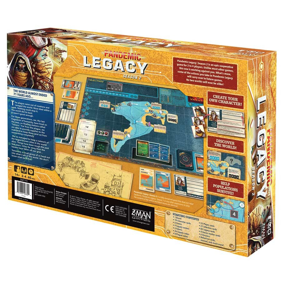 Pandemic Legacy Season 2 - Yellow - Pandemic Legacy Season 2 board game box showing world map, cards, and player pieces on yellow-themed packaging.
