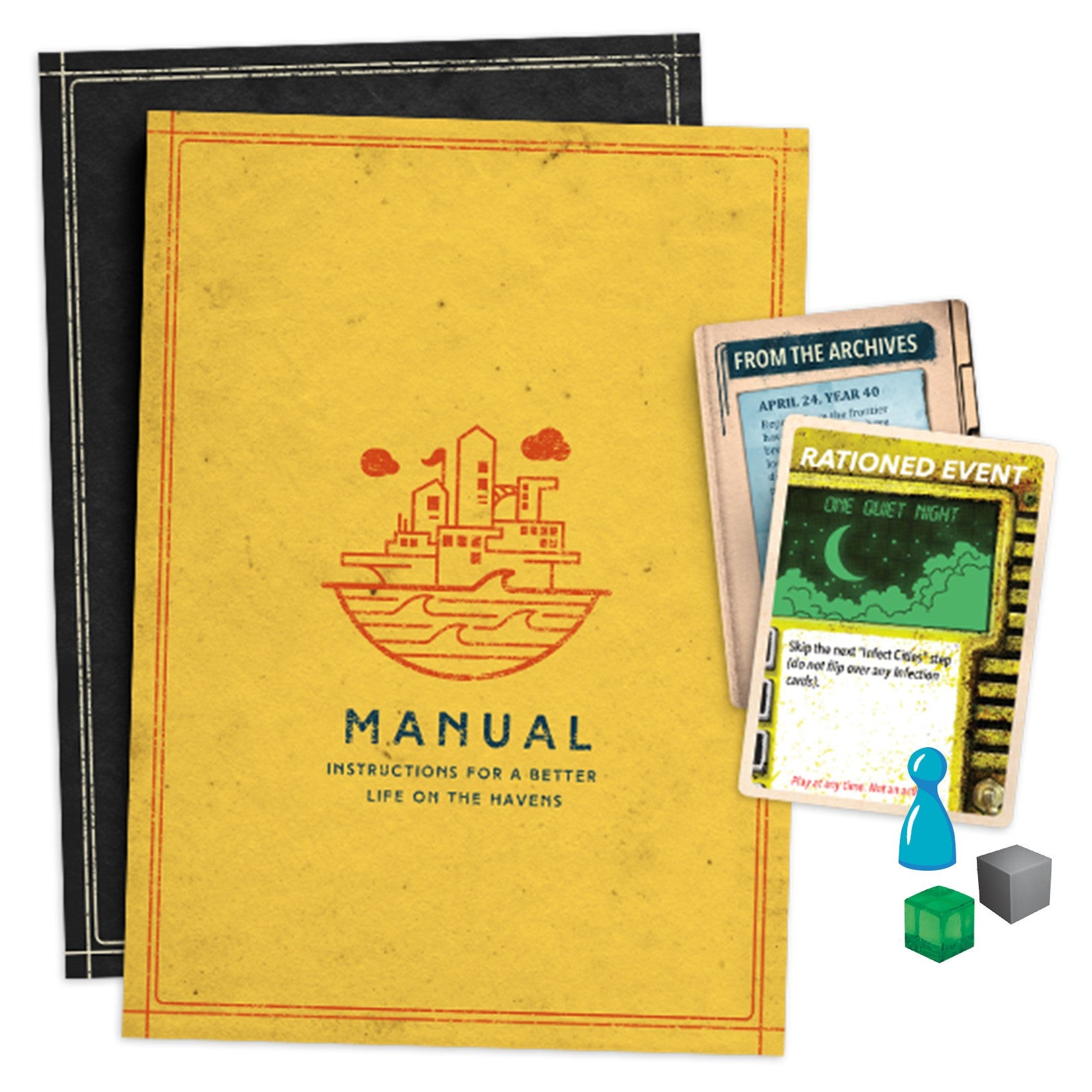 Pandemic Legacy Season 2 - Yellow - Yellow and black game manuals with red graphics and text, two colorful event cards, and three small game tokens in blue,.