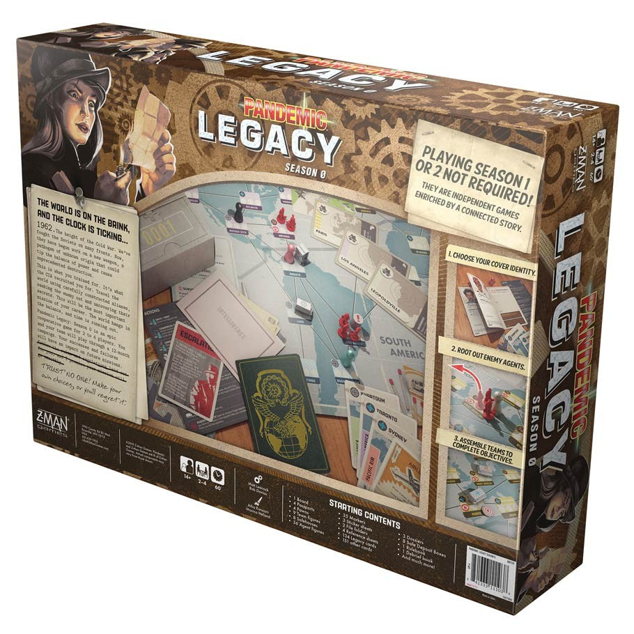 Pandemic Legacy Season 0 - Pandemic Legacy Season 0 board game box with city map artwork and thematic spy elements in brown and beige tones.