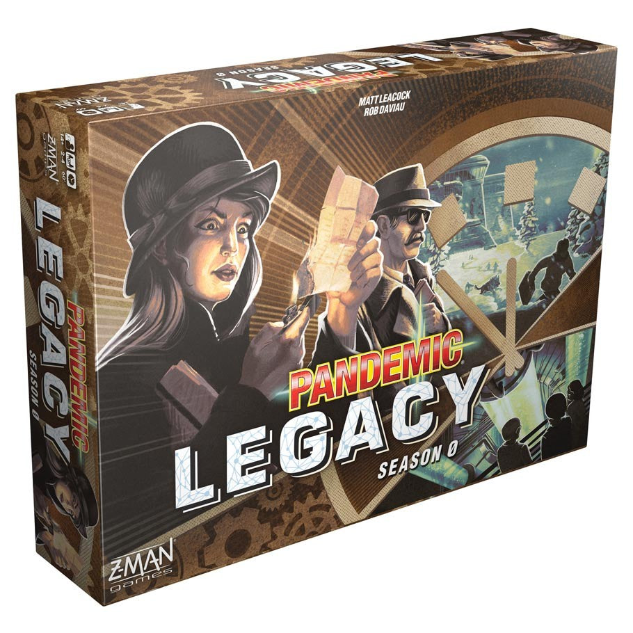 Pandemic Legacy Season 0 - Pandemic Legacy Season 0 board game box featuring spy-themed artwork with characters in vintage clothing and a globe in the.