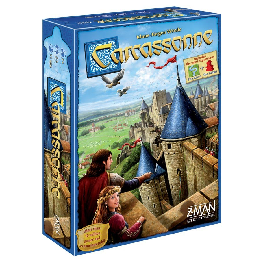Carcassonne - Carcassonne board game box with medieval castle and two characters on blue background.