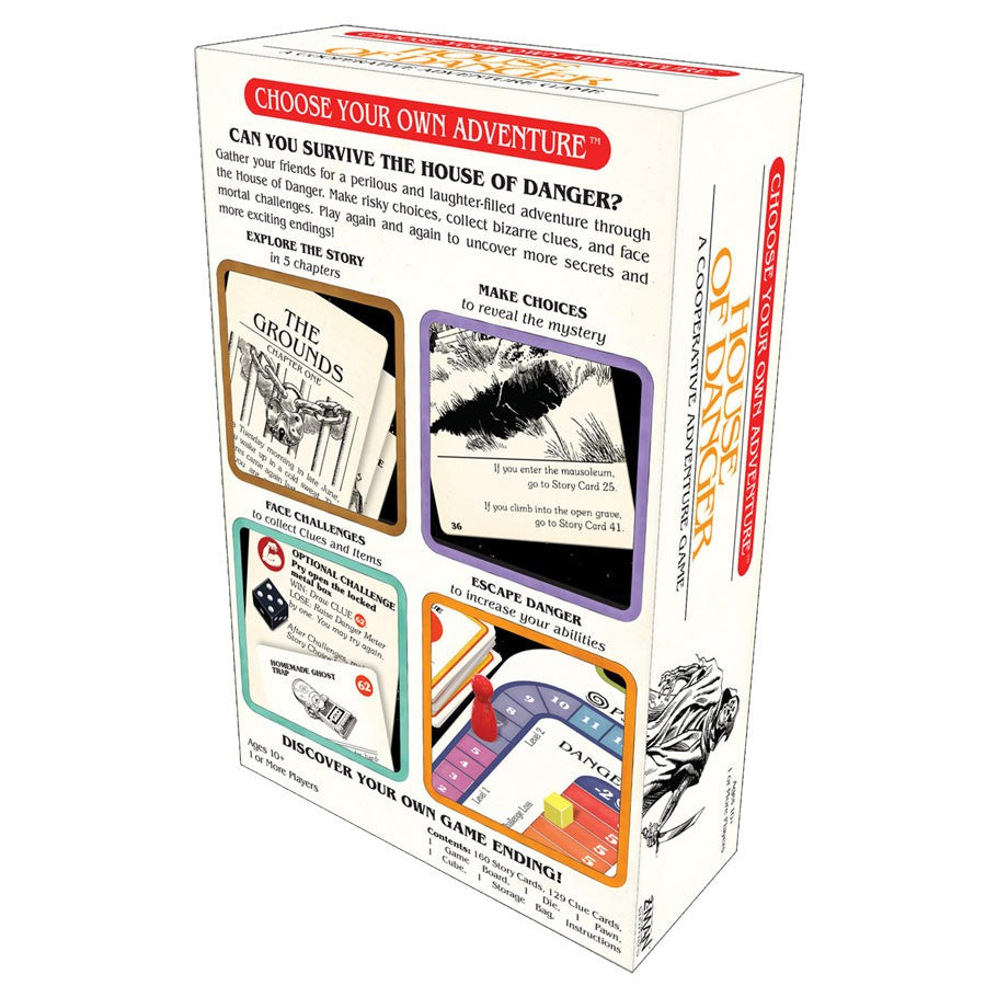 CYOA: House of Danger - House of Danger card game box with illustrated adventure scenes and game features on back.