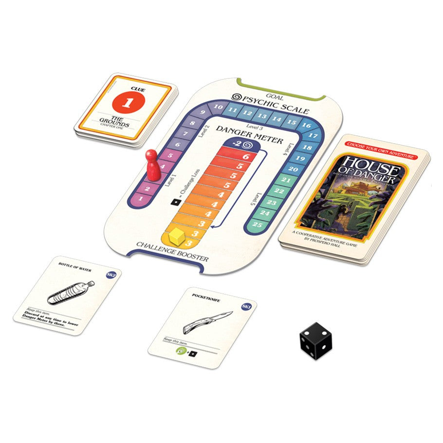 CYOA: House of Danger - House of Danger card game with challenge meter board, dice, red token, and illustrated cards laid out.