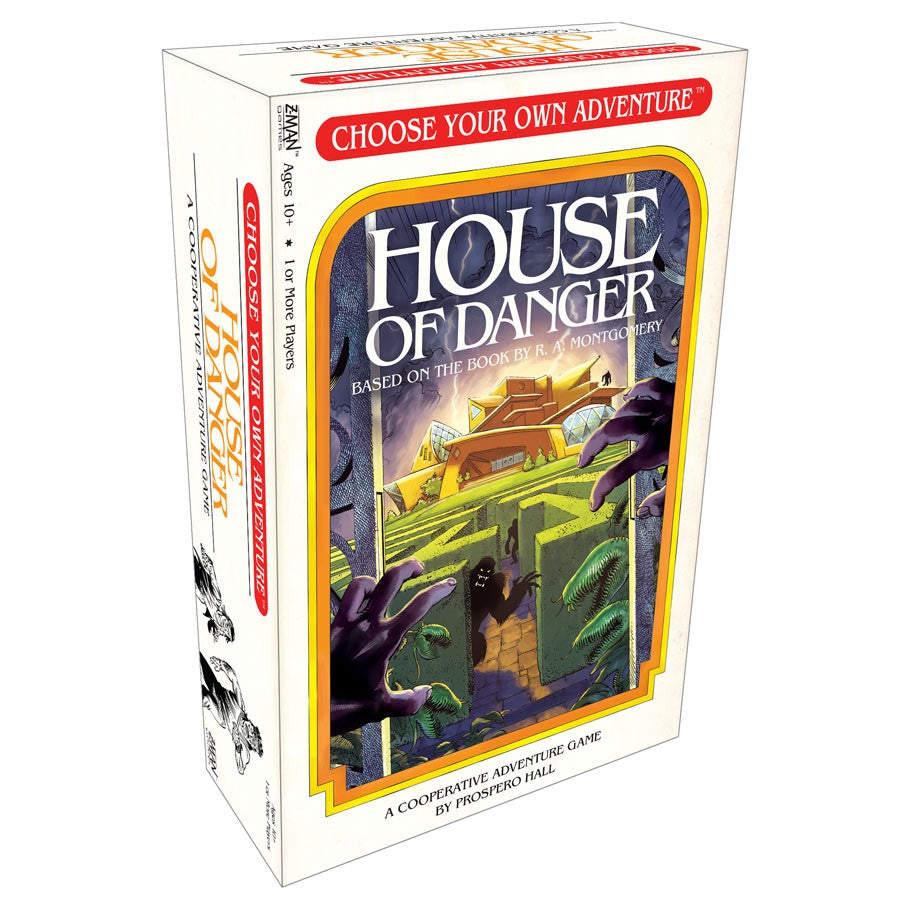 CYOA: House of Danger - House of Danger card game box with spooky mansion and shadowy hands illustration, white and red design.