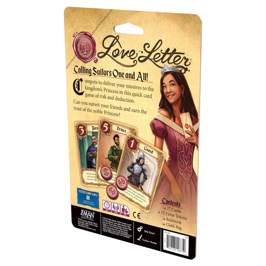 Love Letter - Compact game pack featuring vintage-style artwork, cream background, and a smiling woman in period costume holding cards.