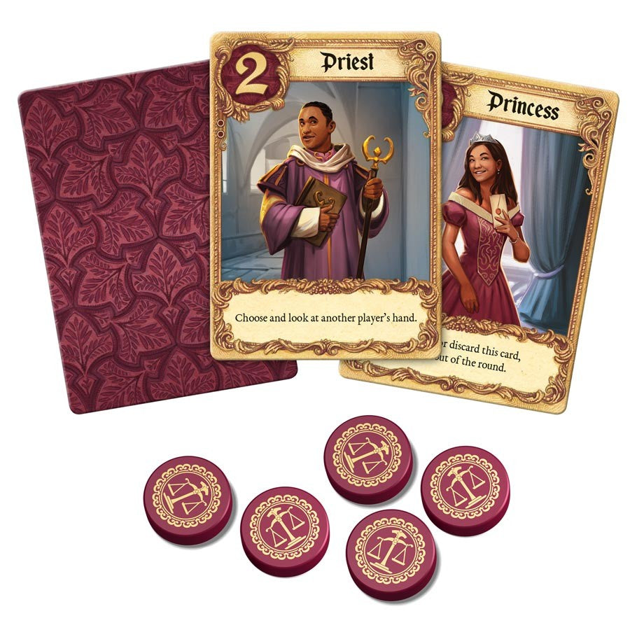 Love Letter - Love Letter card game components with two illustrated character cards, Priest and Princess, and six round purple tokens with