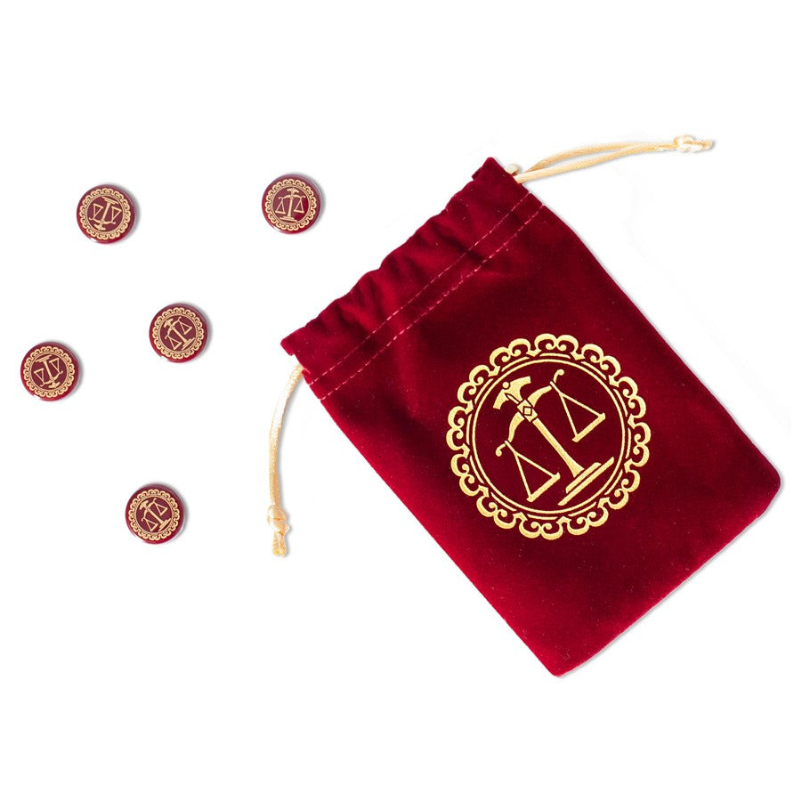 Love Letter - Red velvet drawstring bag with gold scales emblem and six wooden tokens with etched designs.