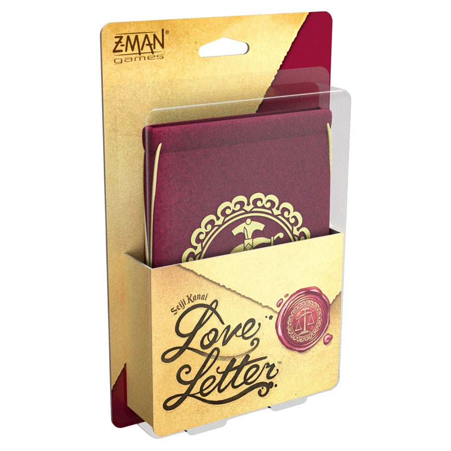 Love Letter - Love Letter card game with maroon velvet pouch and gold emblem in beige packaging.