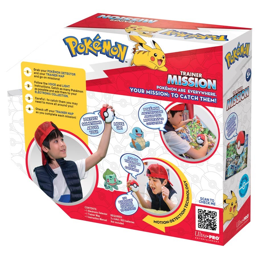 PKM Trainer Mission - Pokemon Trainer Mission family game box featuring Pikachu and cartoon Pokemon characters on a white and red background.