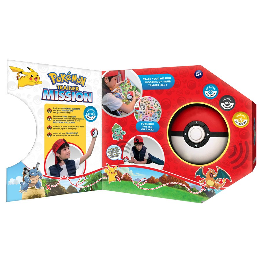 PKM Trainer Mission - Red handheld electronic game shaped like a Poké Ball with colorful Pokémon-themed packaging and interactive buttons.