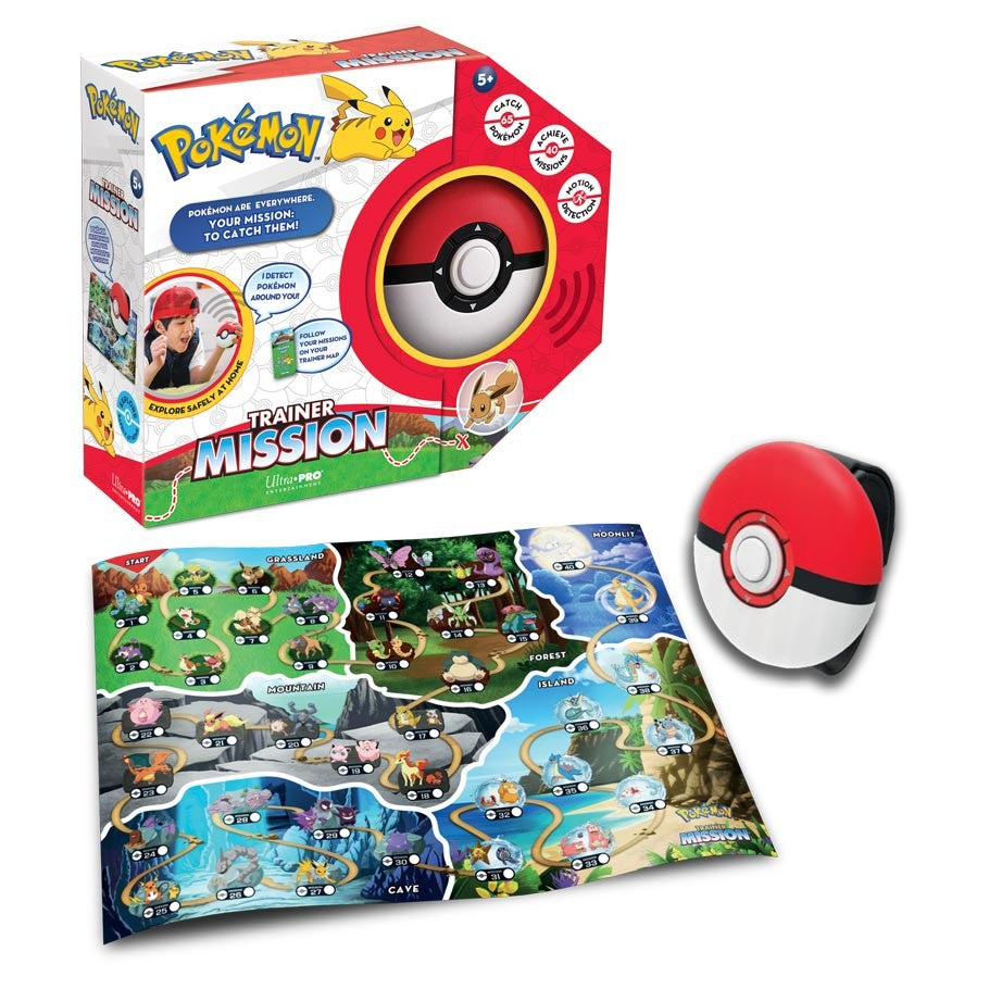 PKM Trainer Mission - Pokemon Trainer Mission game set with colorful map and red-and-white Pokeball-shaped device.