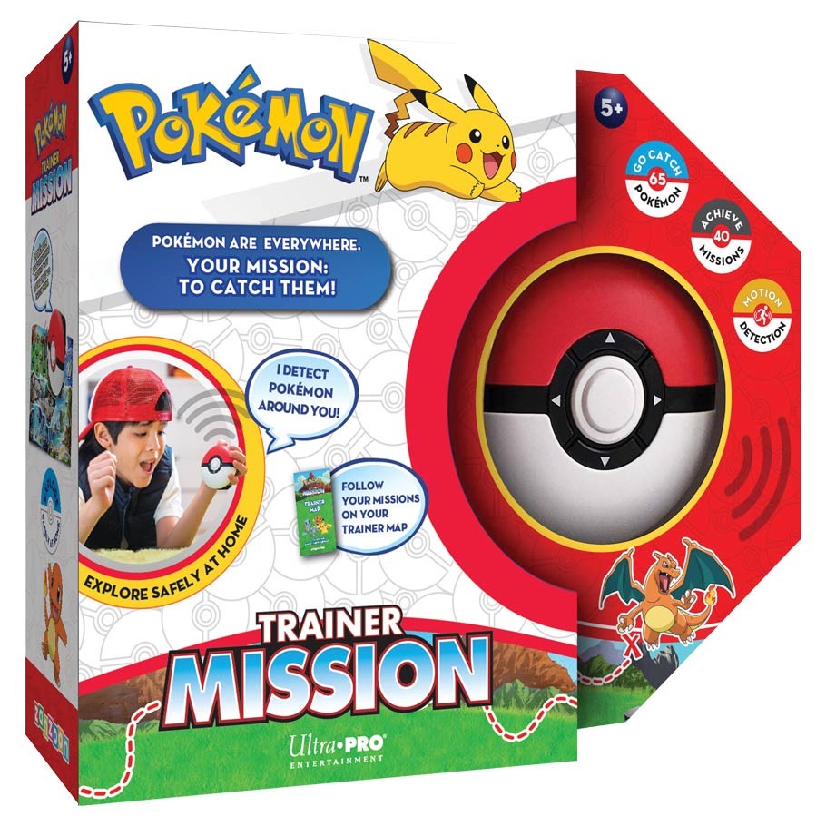 PKM Trainer Mission - Pokemon Trainer Mission game box with Pikachu, Pokeball, and cartoon Pokemon characters in red and green packaging.