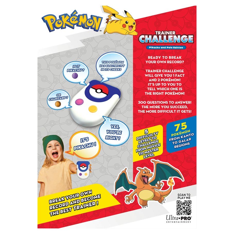 PKM Trainer Challenge - Pokemon Trainer Challenge game box with Charizard illustration and colorful instructions on red and white background.