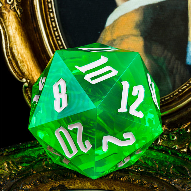 Giant 55mm D20 - Green - Large green translucent 55mm acrylic 20-sided die with white numbers, glowing effect.